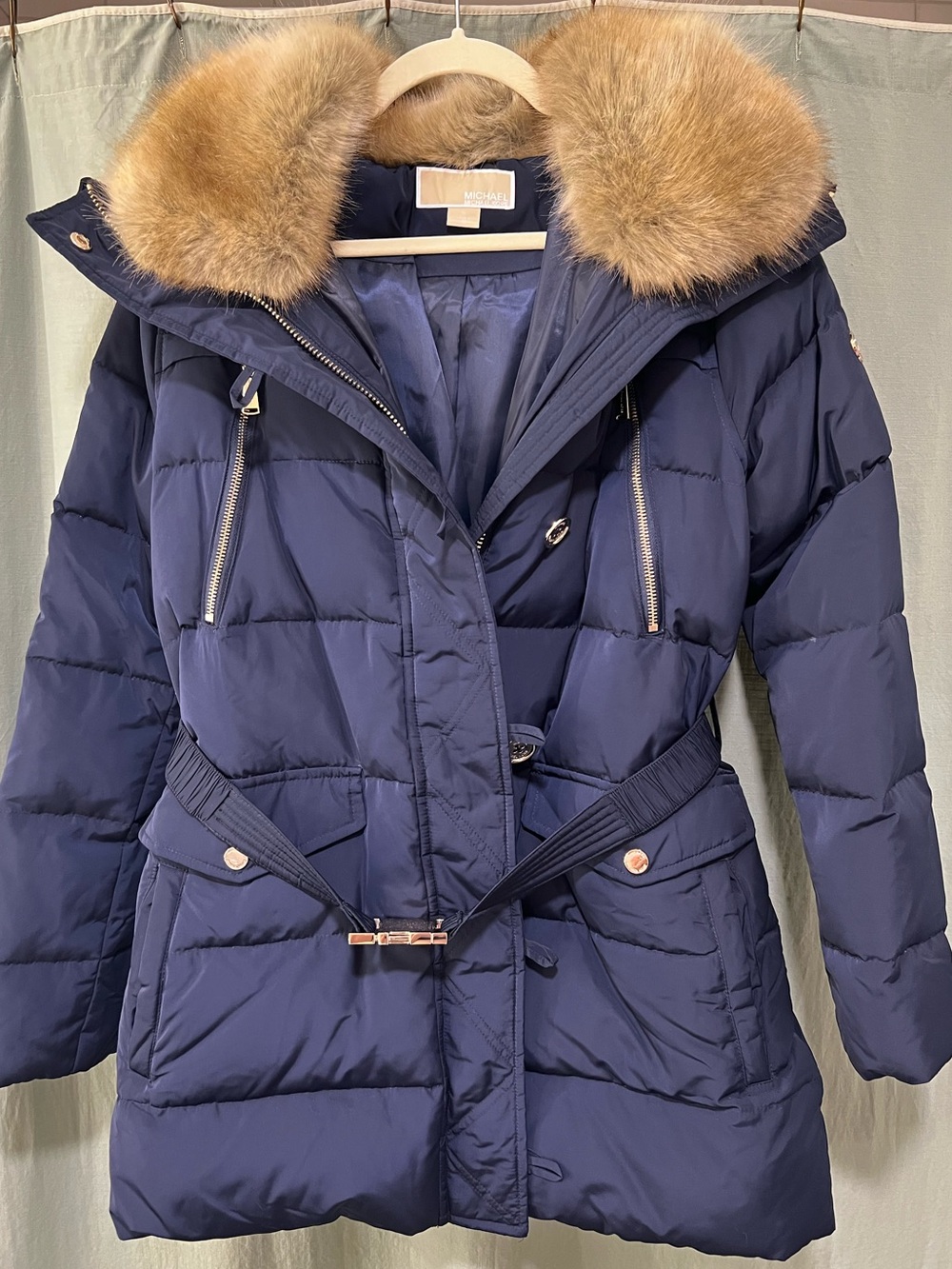 Michael Kors Navy Puffer Coat with Fur Trimmed Hood